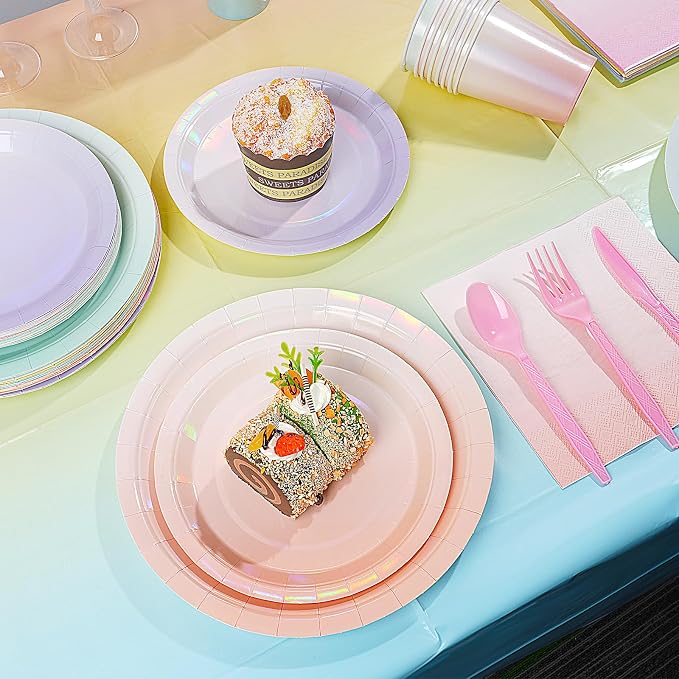 Iridescent Pastel Plates and Napkins Serve 50, Pastel Rainbow Holographic Party Plates Supplies, Disposable Paper Plates Napkins Cups Knives Forks for Birthday Wedding Baby Shower Party Decorations