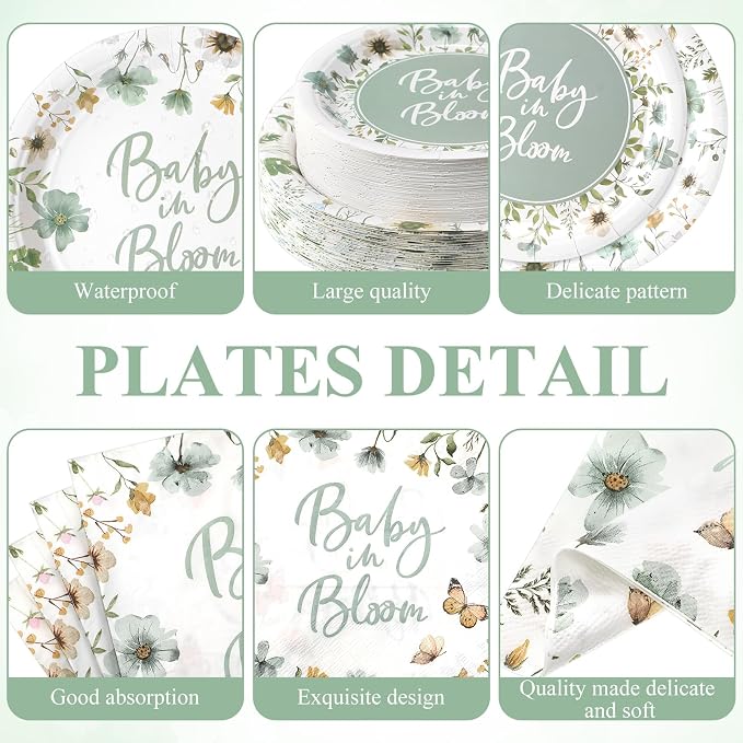 LemonRoad 452 Pcs Sage Green Baby in Bloom Decoration for 50, Green Baby Shower Paper Plates Napkins Cups Tablecloth Cutlery Straws Disposable Tableware for Spring Wildflower Babys Shower Party Supply