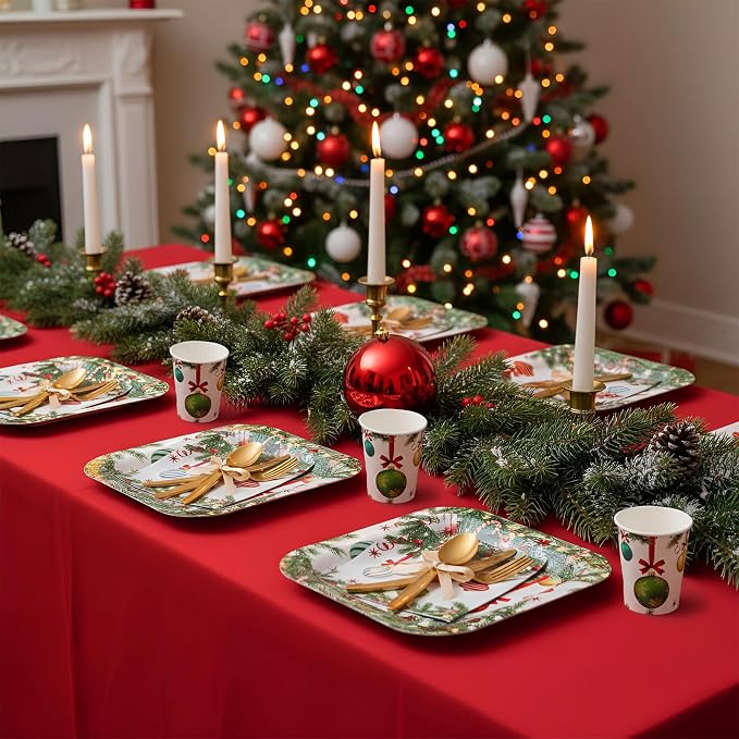 Ziliny 350 Pcs Christmas Party Supplies Christmas Tree Hanging Ball Party Tableware Set Square Paper Plates Disposable Napkins Cups Plastic Cutlery for Xmas Holiday Serves 50 Guests(Xmas Ball)