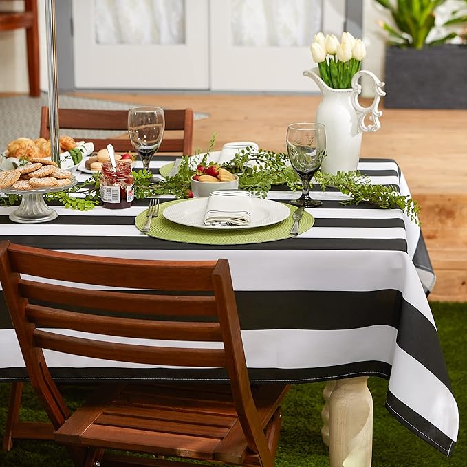 DII Cabana Stripe Outdoor Zippered Tabletop Collection, Stain/Wrinkle Resistant & Waterproof, 60x84, Black