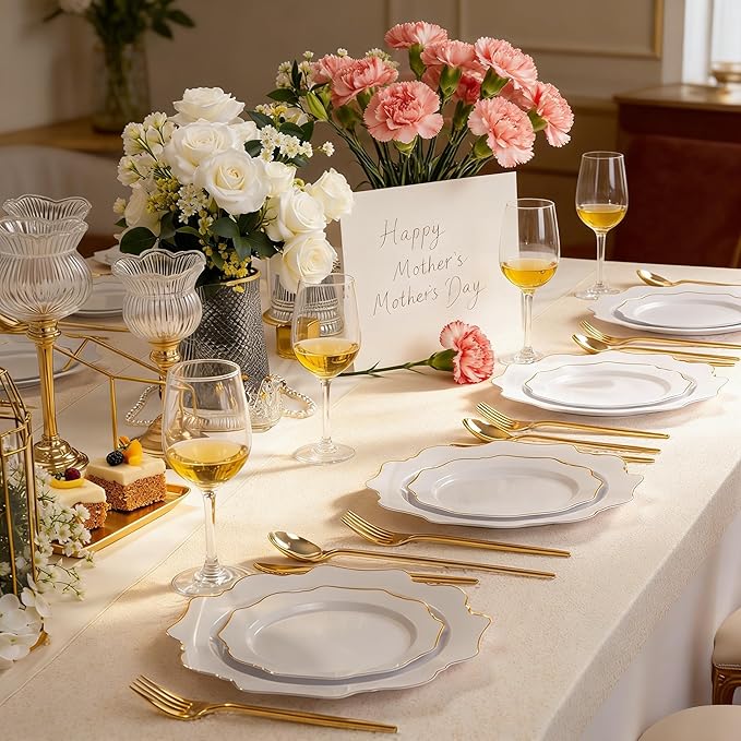 WDF 200PCS White and Gold Plastic Plates - Gold Plastic Plates - Include 100 Dinner & 100 Dessert Disposable Party Plate - Fancy Disposable Plate for Wedding/Baby Shower/Spring/Mother's Day