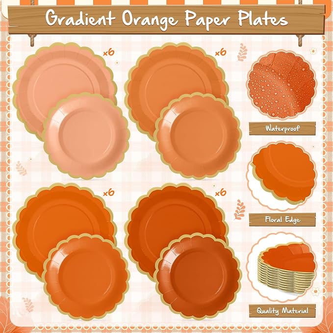 Mimorou 169 Pcs Beige-orange Beach Party Supplies Set Fall Disposable Tableware Kit with Plates, Cups, Napkins, Cutlery in Orange Tones for Fall Autumn Thanksgiving Baby Shower, Birthday