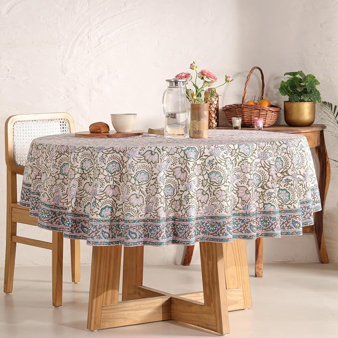 Hand Block Printed Tablecloth – Colorful Floral Print | 100% Cotton | Indian Artisan Handmade Art | Dining Room, Kitchen, Outdoor Décor, (Rosy Dawn Delight, 6 Seater 72 Inches Round)