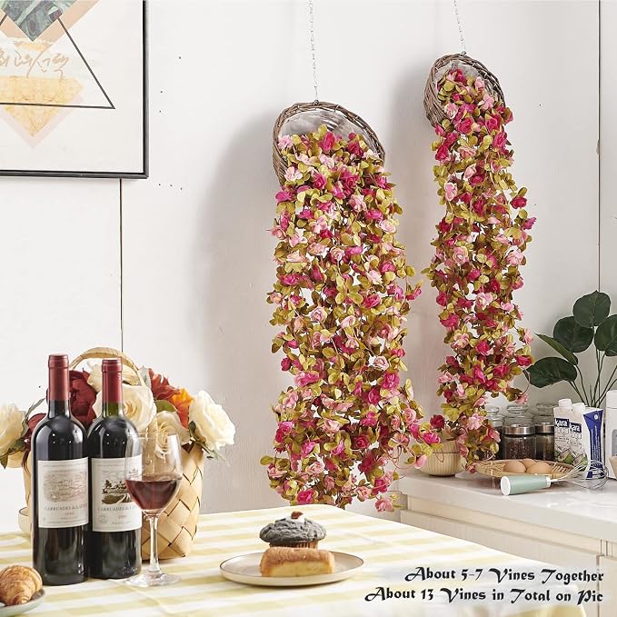 PONKING 6 Pcs x 8.2 ft Flower Garland Artificial Rose Vine Flowers with Green Leaves Hanging Fake Roses Vine for Room Party Home Wedding Birthday Christmas Wall Arch Decor, Fall Purple Flower