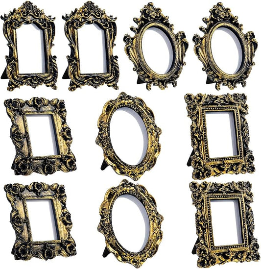 Maitys 10 Pcs Mini Picture Vintage Frames with Stands Tiny Antique Photo Baroque Ornate Resin Oval Frame Table Top Display Home Wedding Decor (Black Gold)