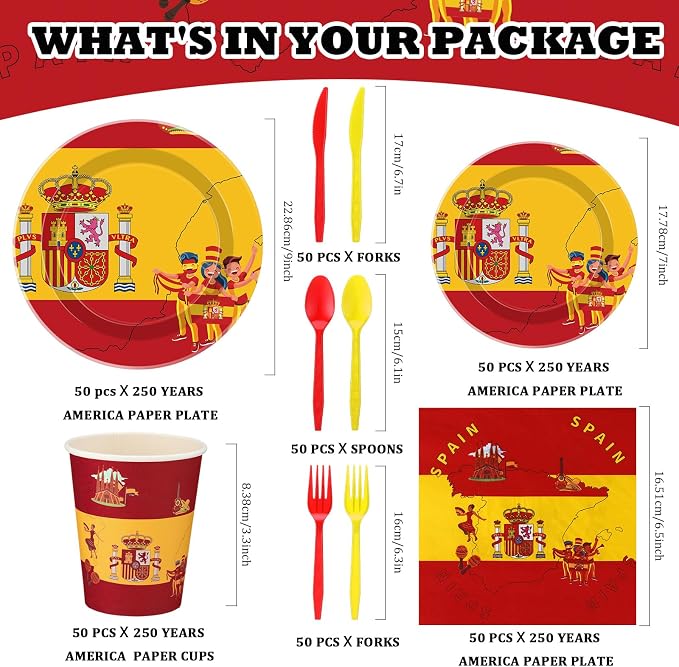 FoldTier 350 Pcs Spain Flag Party Supplies Disposable Spanish Flag Paper Plates and Napkins Spanish National Day Tableware for Country Decoration Patriotic Festival Party Supplies, Serves 50