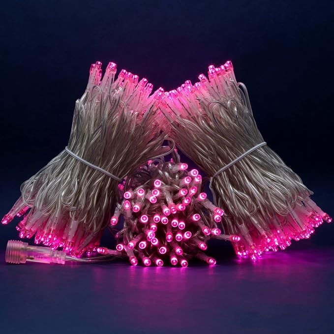 YULETIME 300 Pink String Lights, 100 ft Clear Wire 8 Models Wide Angle LED | 5mm Bulbs, Safe 29V Adapter, Multimode Lighting, Connectable, 100' Total Length, 1-Strand 300 Lights, 4" Spacing