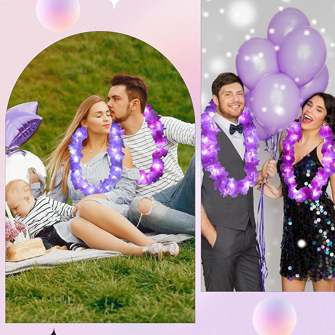 Sherr 48 Pcs LED Hawaiian Leis Light up Flower Leis Necklace with LED Lights Luau Flowers Necklaces for Masquerade Beach Wedding Tropical Themed Party Supplies(Various Purples)