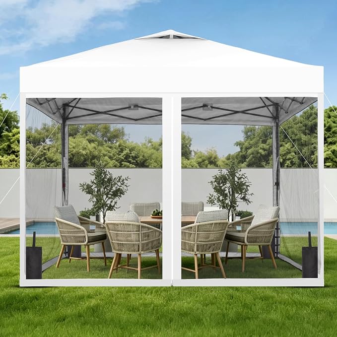 GDY 10x10 Pop up Canopy Tent with Mosquito Netting, Easy up Gazebo for Patio, Camping and Garden, Includes 4 Sandbags, White