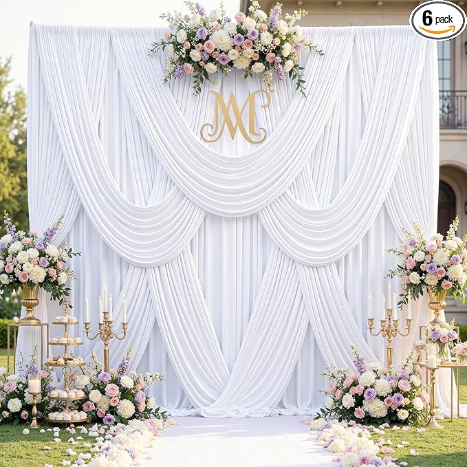 30ftx12ft Wrinkle Free White Backdrop Curtains for Parties, 6 Panels 5x12FT Long Silky Polyester White Photo Backdrop Drapes Back Drop Cloth for Wedding Birthday Photography Background Decor