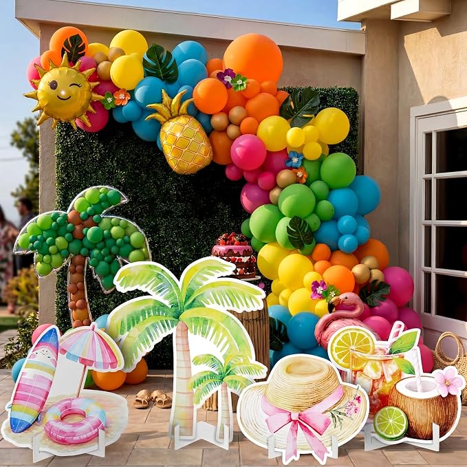 Honoson 4 Pcs Large 32" Summer Beach Party Decoration Cardboard Cutouts, Pool Coconut Tree Yard Signs Photo Booth Prop for Birthday Tropical Swimming Hawaiian Luau Bar Party Supplies