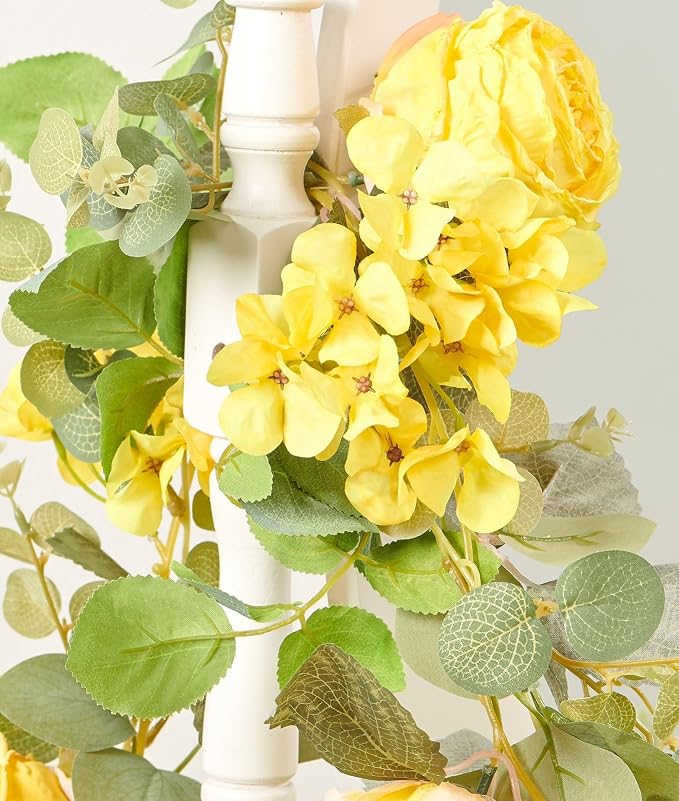 PONKING Flower Garland Artificial Rose & Hydrangea Vine Hanging Fake Flowers Vines for Wedding Birthday Party Valentines Christmas Room Wall Arch Decor, 1 Rose & 1 Hydrangea Yellow Floral Garland