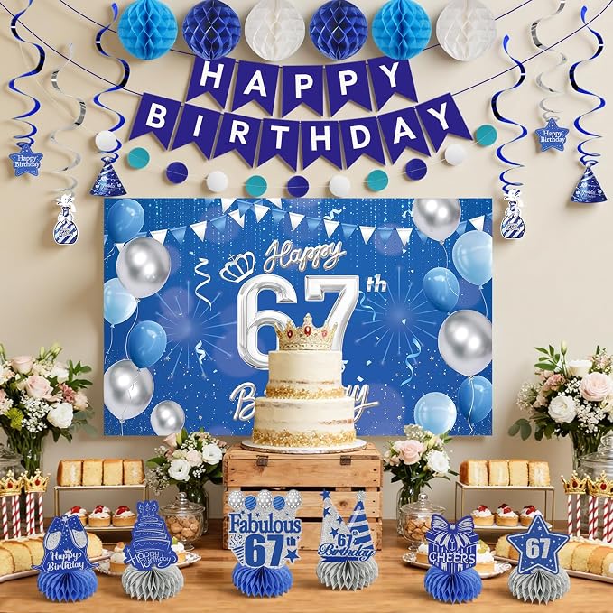 Happy Birthday Party Decoration Set: Including Birthday Banner Backdrop, Party Table Centerpieces and Hanging Swirl Party Streamers, Birthday Decor Suppliers for Men and Women (Blue, 67th Birthday)