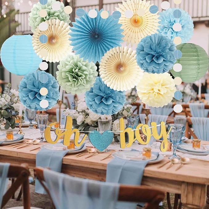 Dusty Blue Sage Green Baby Shower Decorations Oh Boy Banner Light Blue Tissue Pom Poms Flowers Beige Paper Fans Lantern Circle Dot Garlands for Birthday Boho Baby Boy Shower Party Decorations