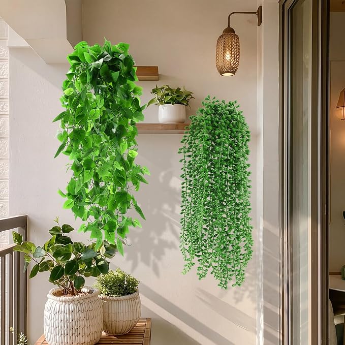 Daifunli Artificial Hanging Plants Fake Hanging Ferns Plastic Fake Plants for Wall Room Garden Garland Indoor Outdoor Decor No Basket (4 Pcs,Boston, Eucalyptus, Ivy Vine, String of Pearls)