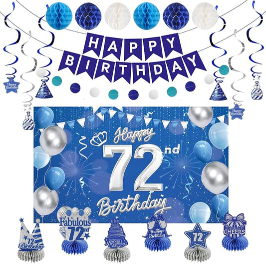 Happy Birthday Party Decoration Set: Including Birthday Banner Backdrop, Party Table Centerpieces and Hanging Swirl Party Streamers, Birthday Decor Suppliers for Men and Women (Blue, 72nd Birthday)