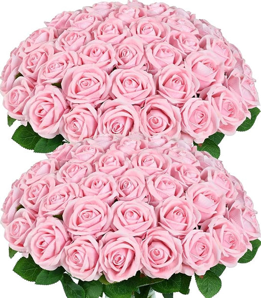 50 Pcs Pink Roses Artificial Flowers, Real Touch Velvet Roses Bouquet Fake Flowers Bulk, Artificial Roses with Long Stems for Birthday Gift Women Mom DIY Bridal Wedding Centerpiece Decorations