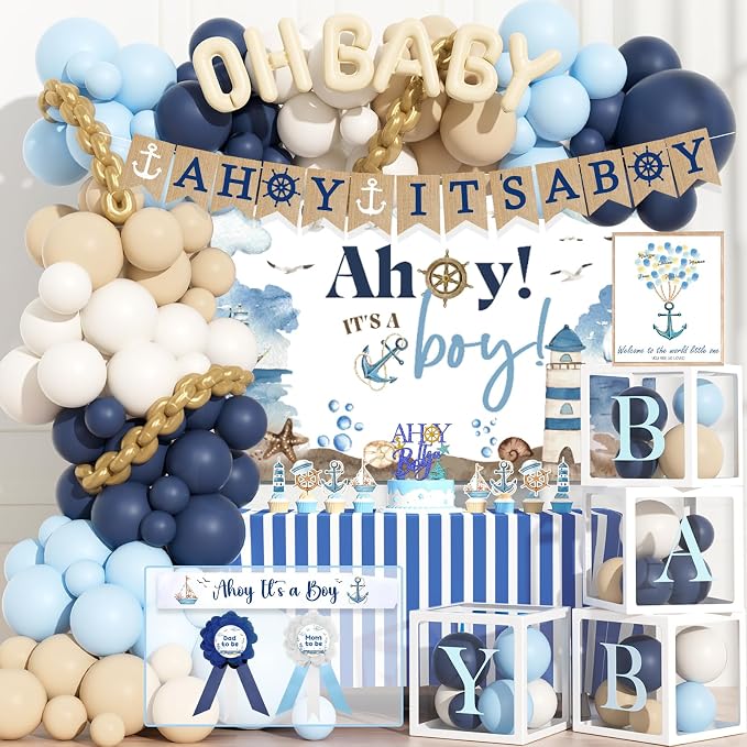 Party Inspo Ahoy It’s a Boy Baby Shower Decorations for Boy – 133 PCs Nautical Theme Party Supplies with Backdrop, Balloon Garland, Banner, Tablecloth, Poster, Cake Topper, Sash and Badges