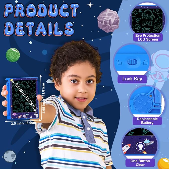 Nezyo 24 Pack Space Party Favors, 4.6'' Mini LCD Writing Tablet for Kids, Space Checked Board Drawing Tablet Erasable Reusable Electronic Drawing Pads for Birthday Party Supplies Gifts