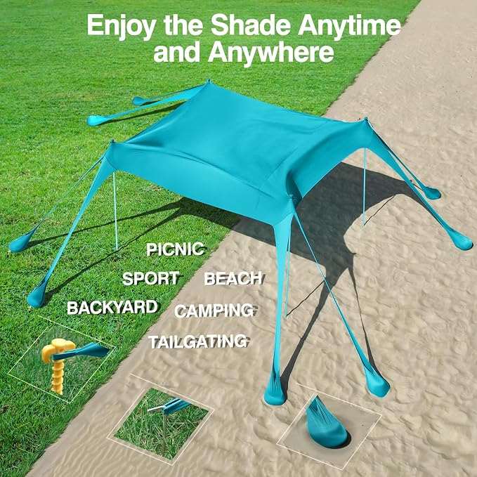 Rhino Valley Beach Tent, 10 x 10 FT Beach Shade UPF50+ Protection, Beach Canopy with 8 Sandbags 4 Stability Poles,Outdoor Beach Tent Sun Shelter Umbrella for Sand,Camping,Fishing Essentials,Mint Green