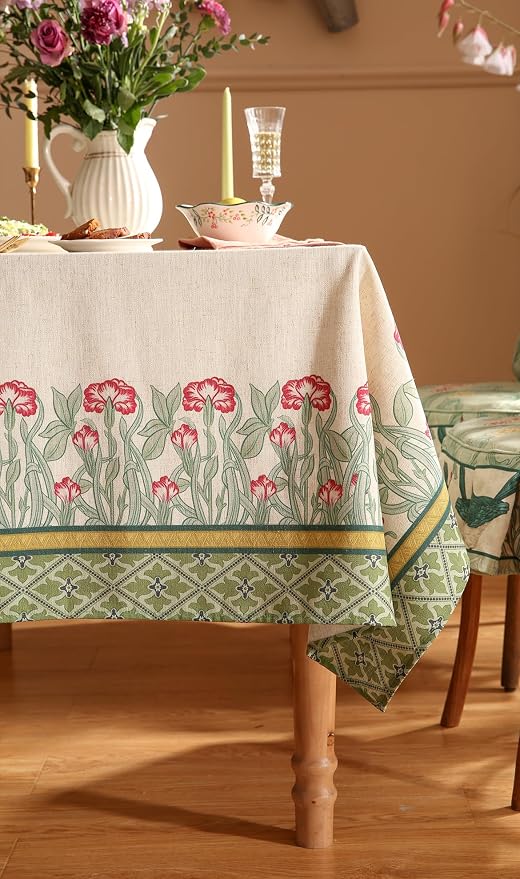 patdrea Vintage French Linen Tablecloth,Rectangular,87"x63"-Cecilia D | Colorful Elegant Table Cloth for Rectangle Table,Floral Vine Patterned,Dining Room Tea Party Thanksgiving Decor