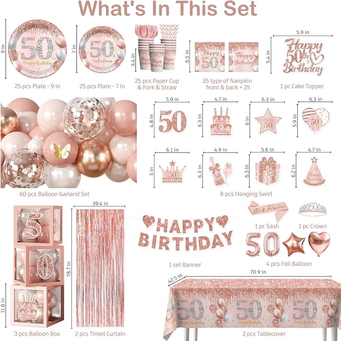 cocomigo 241pcs Rose Gold Happy 50th Birthday Decorations With Crown and Sash, Balloon, Rain Curtains, Plates and Napkins, Service 25 Guests, For Women's 50th Birthday Party