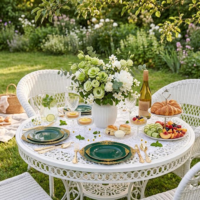 125PCS Green Plastic Plates - Green and Gold Disposable Plates - Fancy Vintage Plate with Gold Plastic Silverware Set for 25 Guests for Party Wedding Holiday