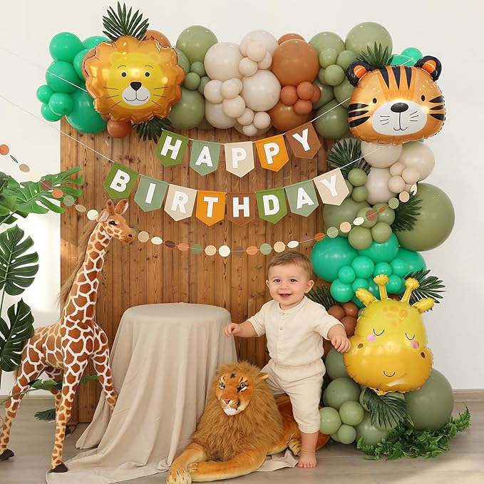 Safari Balloon Arch Kit Happy Birthday Banner Felt Brown Green Wild Animal Zoo Theme Sage Green Brown Jungle for Baby Boys Party Decorations