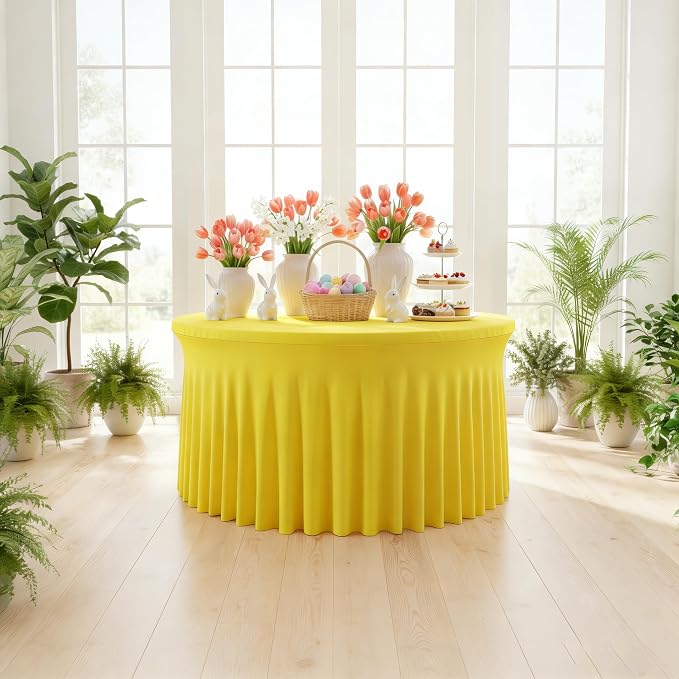 60 Inch Yellow Round Tablecloth - Stretch Spandex Fitted Table Cover with Elastic Skirt Edge, Wrinkle-Free & Reusable for 5FT Tables Wedding Banquet Party Birthday Buffet