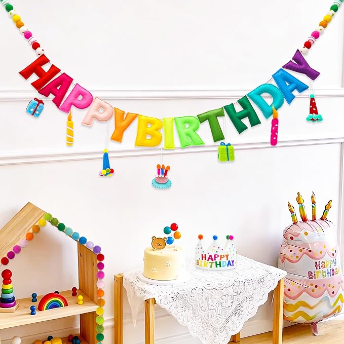 Happy Birthday Banner, Handmade Wool Felt Birthday Banner with Cute Charms, Reusable Rainbow Birthday Decorations for Kids, Colorful Birthday Garland for 1st Birthday, Baby Shower,Party Photo Backdrop