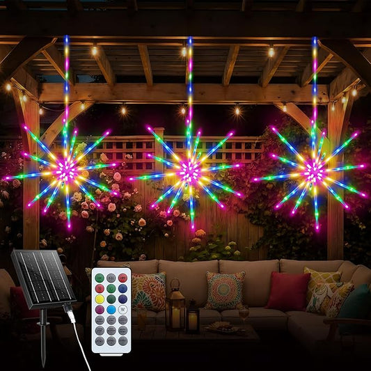Solar Fireworks Lights for Outside, Starburst Fairy Lights with Solar & Type-C Dual Charge, Remote & Timer, IP65 Waterproof Plug-Free Hanging Garden Yard Decor for Party Wedding Christmas