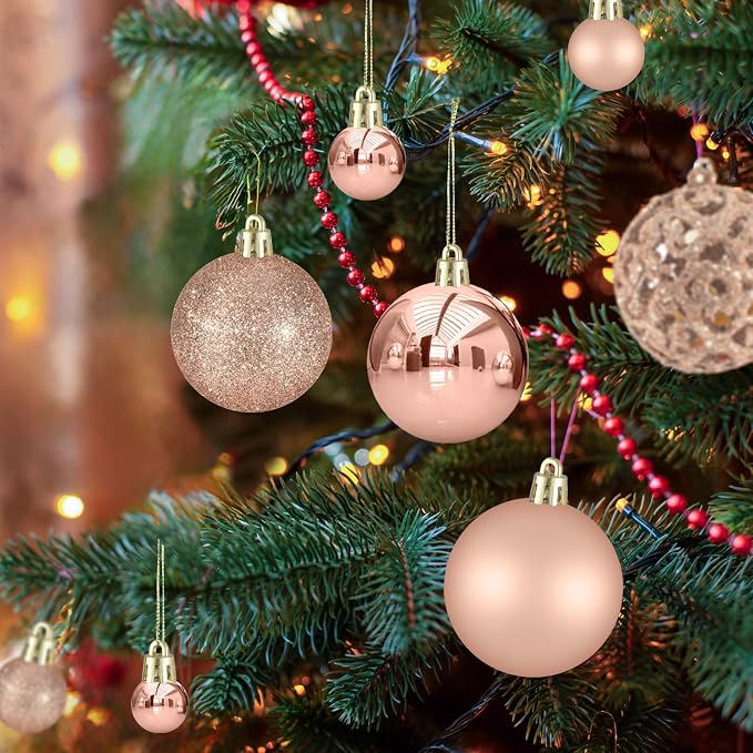102PCS Assorted Rose Gold Christmas Ornaments,Shatterproof Plastic Christmas Ball Tree Ornaments Set for Tree Decorations