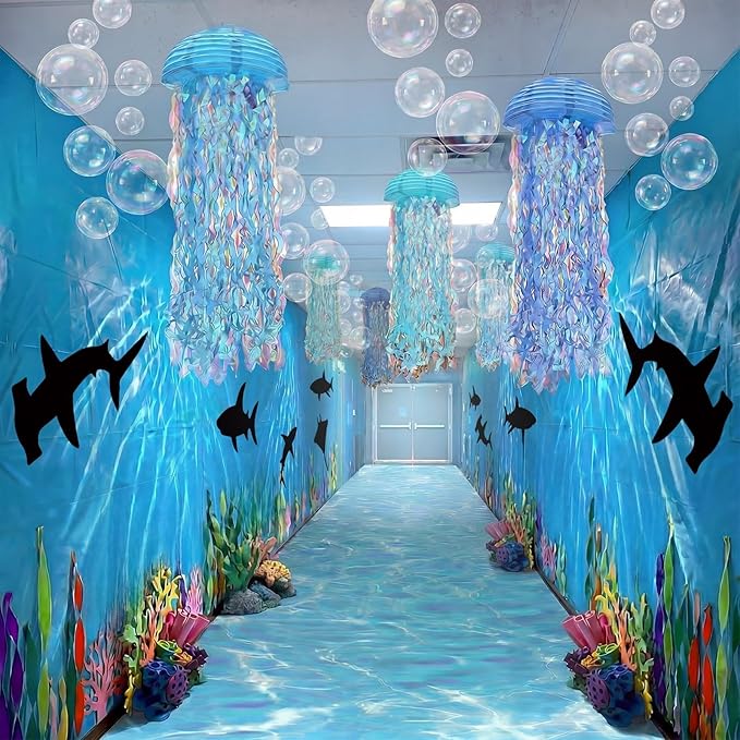 VioraWhite 10 Pcs Ocean Theme Party Classroom Decorations 6 Black Fish Fabric Backdrops 1 Blue Wave Rug 3 Jellyfish Hanging Top Decor Sea Birthday Party Decorations for Summer Beach Classroom