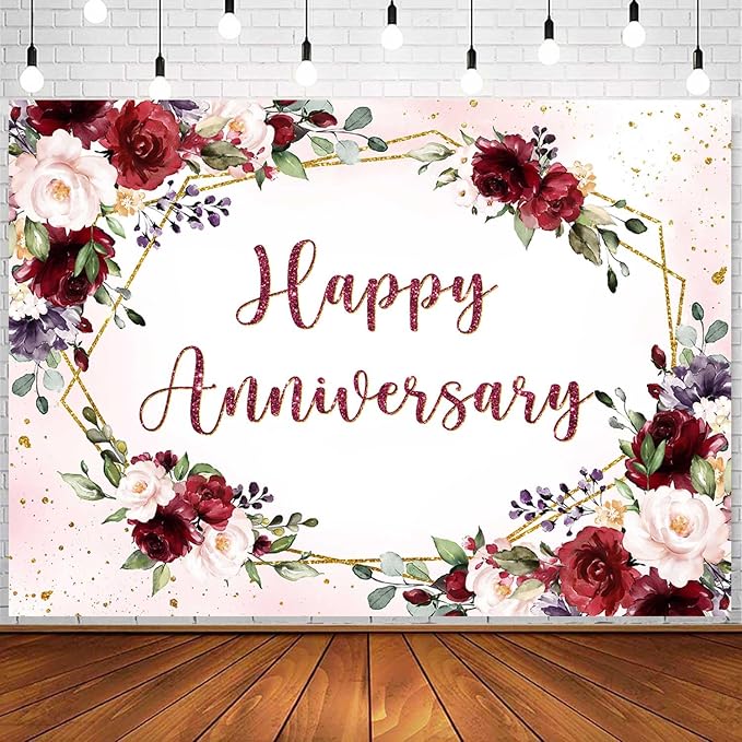 Sensfun Happy Anniversary Backdrop Banner Burgundy Pink Flower Wedding Anniversary Party Decorations Floral Couple Engagement Marriage Day Memorial Party Photography Background Photo Booth Props 7x5ft
