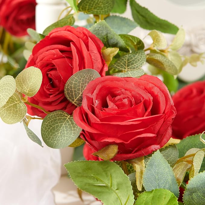 PONKING Flower Garland Artificial Rose Vine Flowers Hanging Fake Roses Vines for Wedding Birthday Party Valentines Christmas Room Wall Arch Decor, 2 Red Floral Garland Decorations, High Realistic