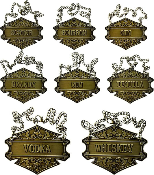 8PCS Liquor Decanter Tags-Gin, Vodka, Bourbon, Whiskey, Brandy, Rum, Scotch, Tequila/Adjustable Chain Bottle Labels/Brass