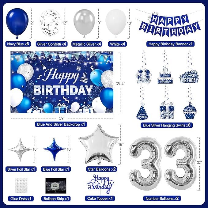33rd Birthday Decorations for Men & Women, Navy Blue and Silver Happy 33rd Birthday Party Decorations with Number Balloons, Hanging Swirls, Cake Topper for 33 Years Old Party Supplies