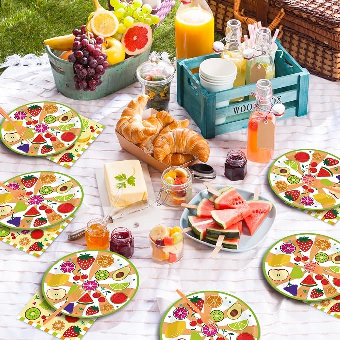 chiazllta 96 Pcs Fruits Paper Plates Tutti Summer Fruit Birthday Party Decorations Disposable Fruit Tableware Party Supplies Favors for 24 Guests