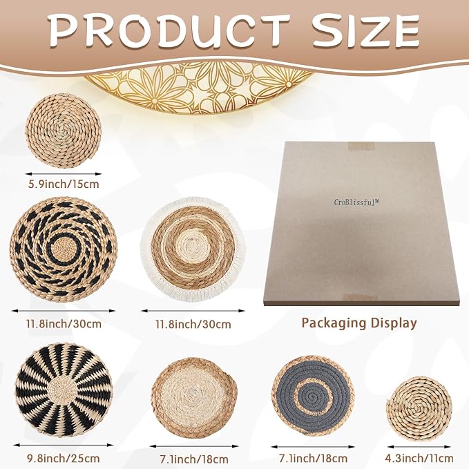 CroBlissful 7 Pcs Boho Wall Basket Decor Hanging Handcrafted Seagrass Woven Round Bohemian Basket Wall Decoration Art for Farmhouse Home Room Rustic Decorations Table, Multi Sizes(Classic)