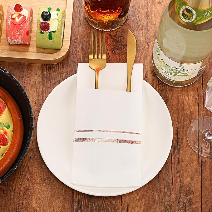 Roshtia 100 Pack Dinner Napkins Disposable Linen Feel Dinner Napkins with Built-in Flatware Pocket Gold Trim Lined Pre Folded Paper for Wedding Party (White,Rose Gold)