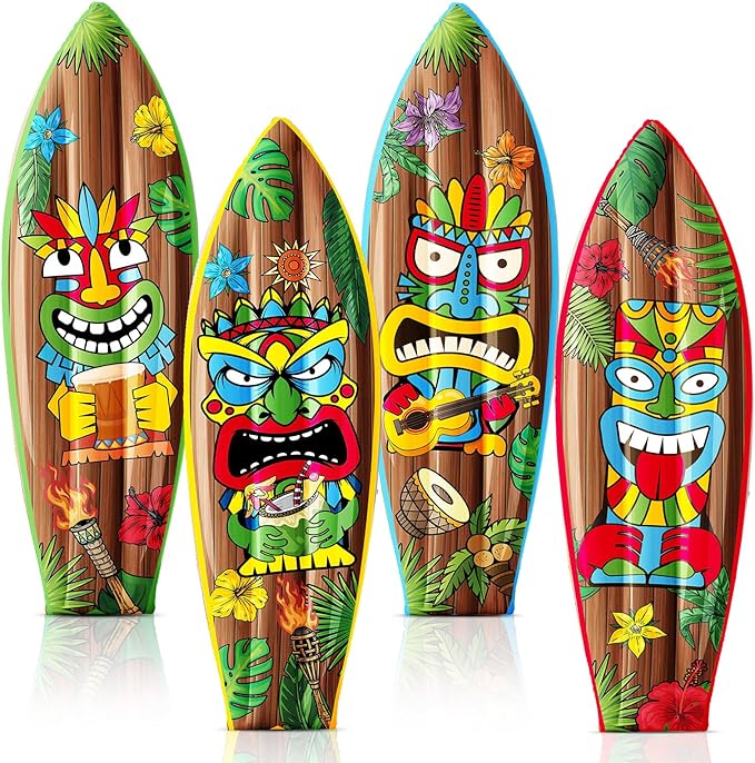 JellyArch 4 Pcs Tiki Inflatable Surf Board 36 Inch Tiki Party Decorations Blow up Surfboard Bar Decorations Inflatable Pool Floats for Hawaiian Luau Tropical Beach Party Supplies Outdoor Decor