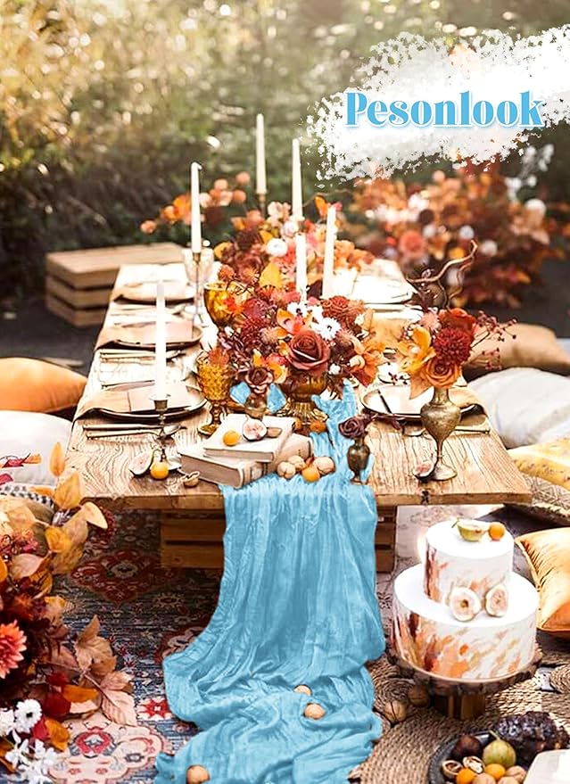 12 Pack Light Blue Cheesecloth Table Runner, 10FT Long Romantic Semi Sheer Cheesecloth Rustic Boho Table Runner for Wedding Birthday Bridal Shower Party Decorations(21.5×120 Inch)