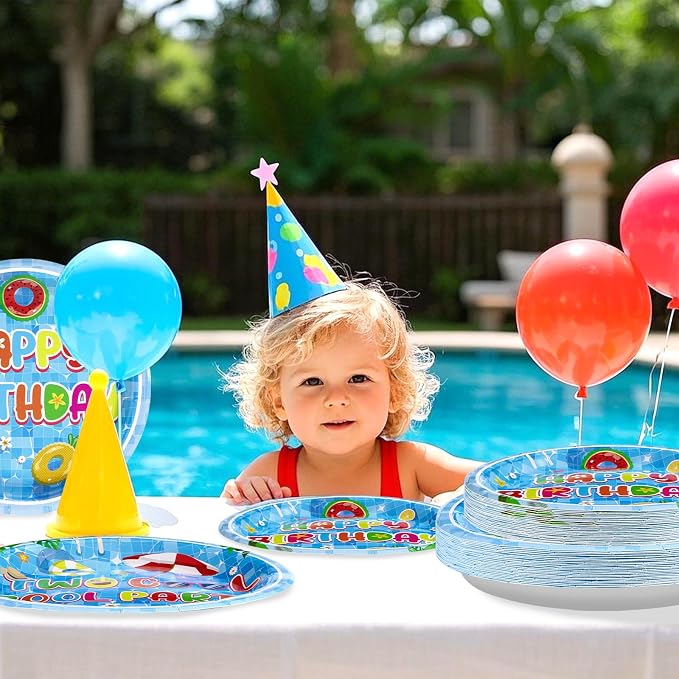 96Pcs Two Cool Pool Birthday Party Decorations Summer Swimming 2nd Party Plates Disposable Beach 2nd Birthday Tableware for Summer Beach Pool Swimming Kids 2 Years Old Hawaiian Decor, Serves 24