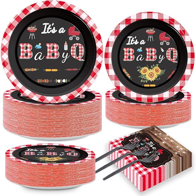 200pcs BBQ Baby Shower Plates Napkins Baby Q Paper Tableware Set It's A BabyQ Cake Dessert Disposable Dinnerware Rustic Barbecue Party Decoration for Baby Shower Birthday Decor Supplies Serves 50