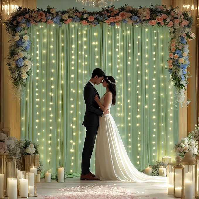 Sage Green Backdrop Curtains with Lights,10x10FT Wrinkle Free Photo Curtains Backdrop Drapes Fabric for Baby Shower Birthday Ceremony Reception Home Party Decorations-5ft x 10ft,2 Panels