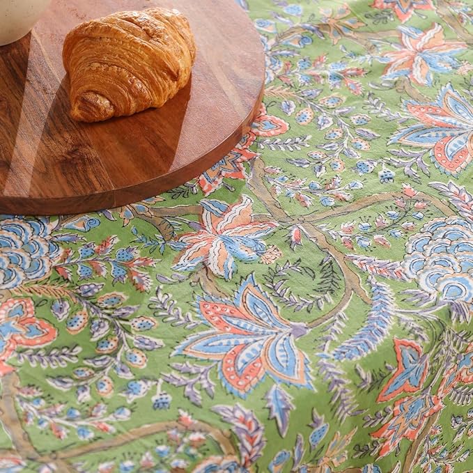 Hand Block Printed Tablecloth, Colorful Floral Print, Indian Artisan Handmade Art, Dining Room, Kitchen, Outdoor Décor, (Forest Ash Elegance, 6 Seater 60 x 90 Inches Rectangle)
