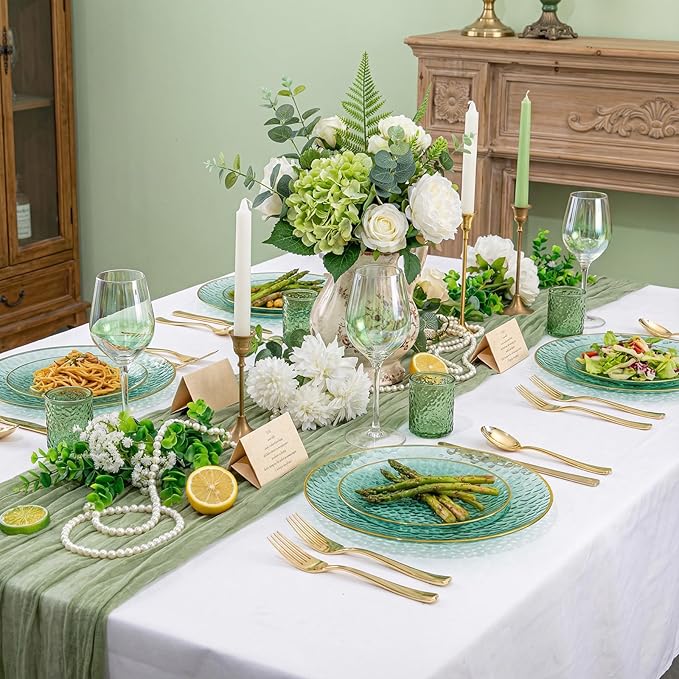 Rubtlamp 100 Clear Green Gold Plastic Plates, Hammered Clear and Gold Disposable Plates Include 50 Dessert Platos, 50 Dinner Platos for Party