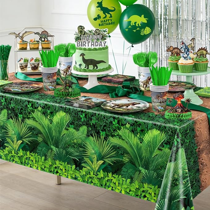 Dinosaur Birthday Decorations – Plates, Cups, Napkins, Cutlery, Hanging Swirls, Toppers, Banner, Tablecloths, Balloons, Honeycomb Centerpieces for Three Rex Dinosaur Party Decorations, Serves 20