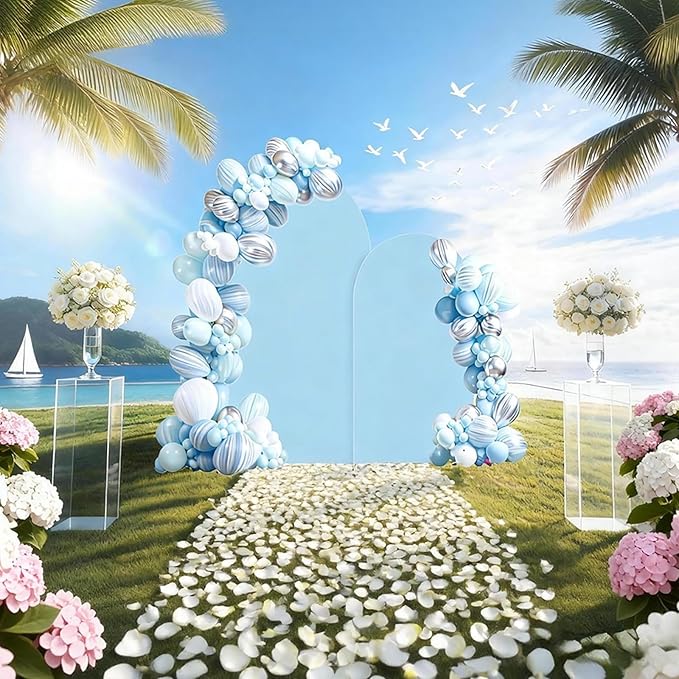 SuuWoee Arch Backdrop Stand Set of 2 With Blue Cover (7.2FT+6FT),Gold Metal Wedding Arch Balloon Stand With Cover for Birthday Party Baby Shower Graduation Ceremony Decoration