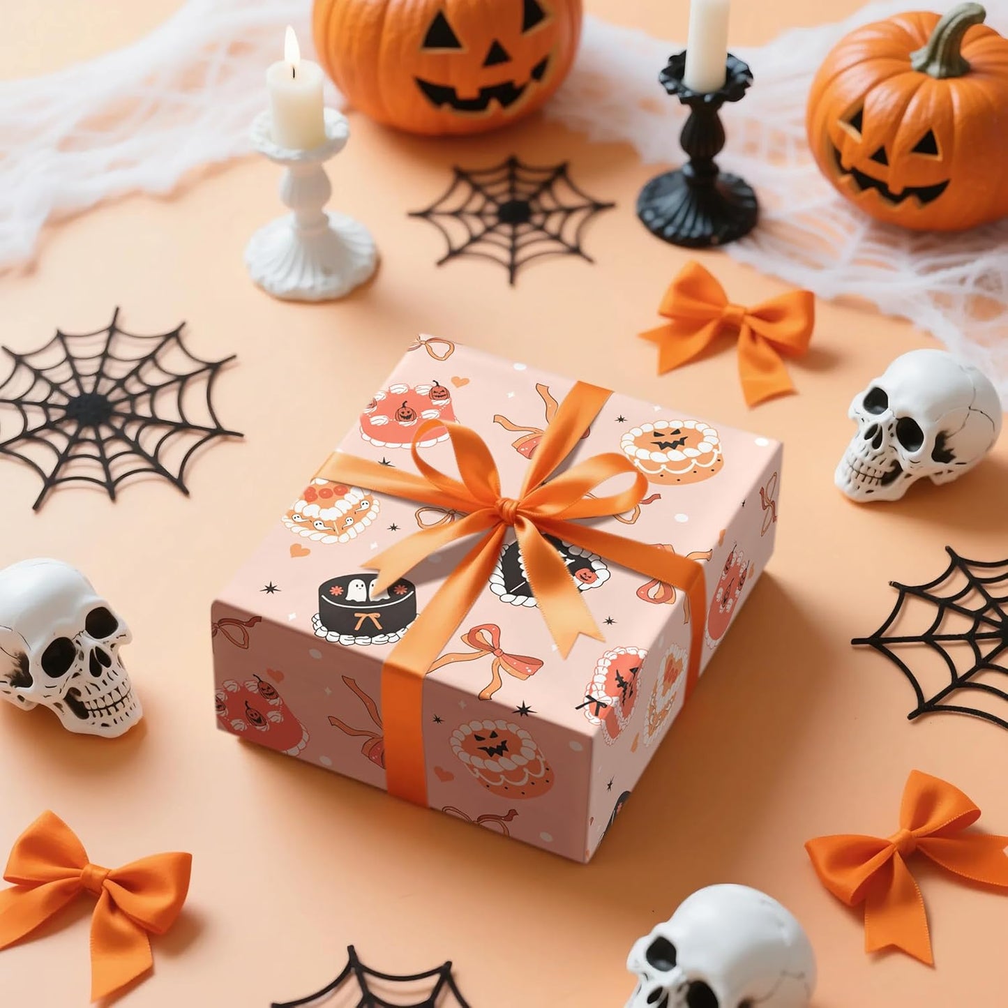 LeZakaa Halloween Cake Wrapping Paper Roll, Cute Halloween Cakes with Ghosts Pumpkins Bows Design, for Trick-or-Treat Party, Girls Women Bakers, Mini Roll 17 in x 16.4 Ft